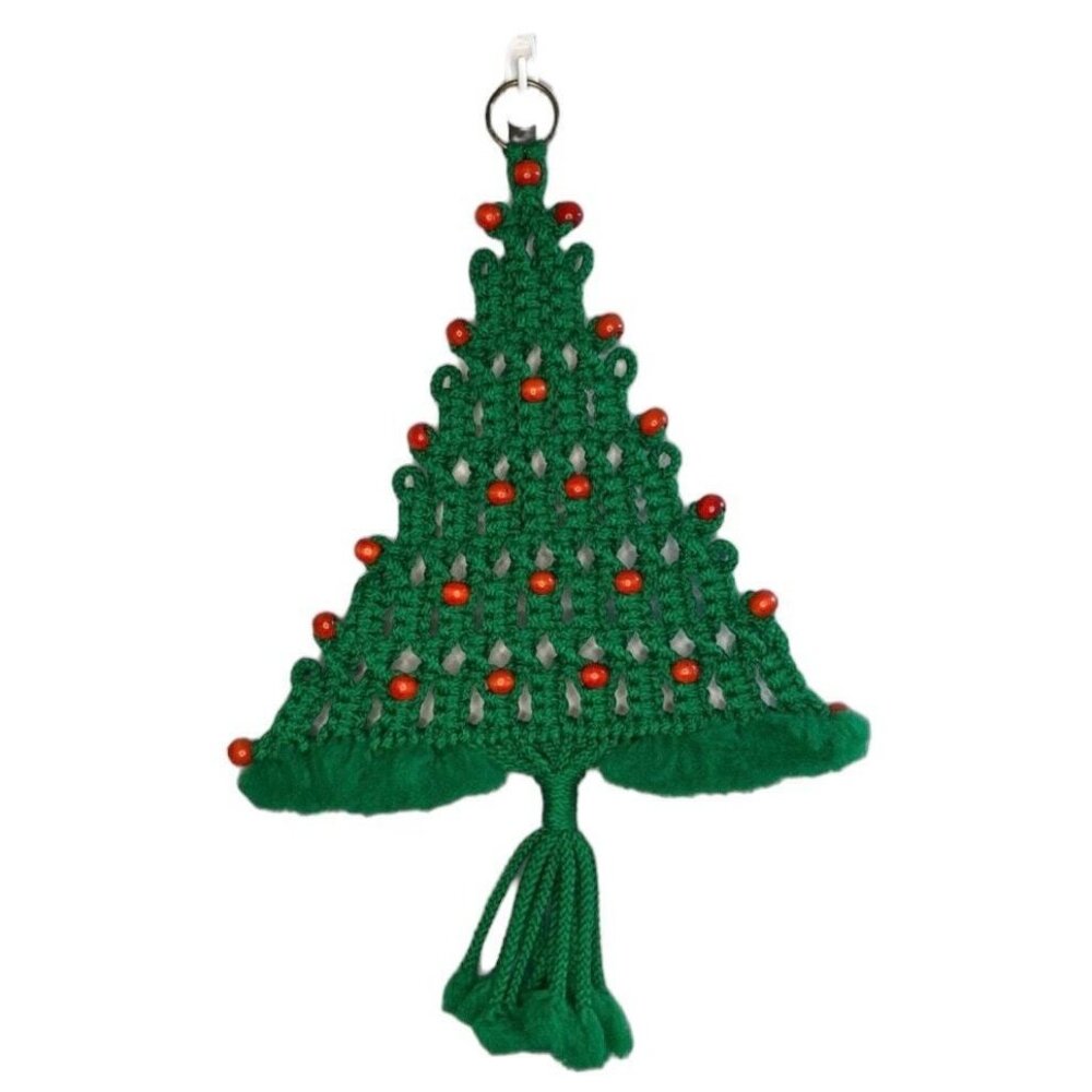 Vintage 70’s Macramé Jingle Bell Christmas Tree Wall Hanging 26” x 17”